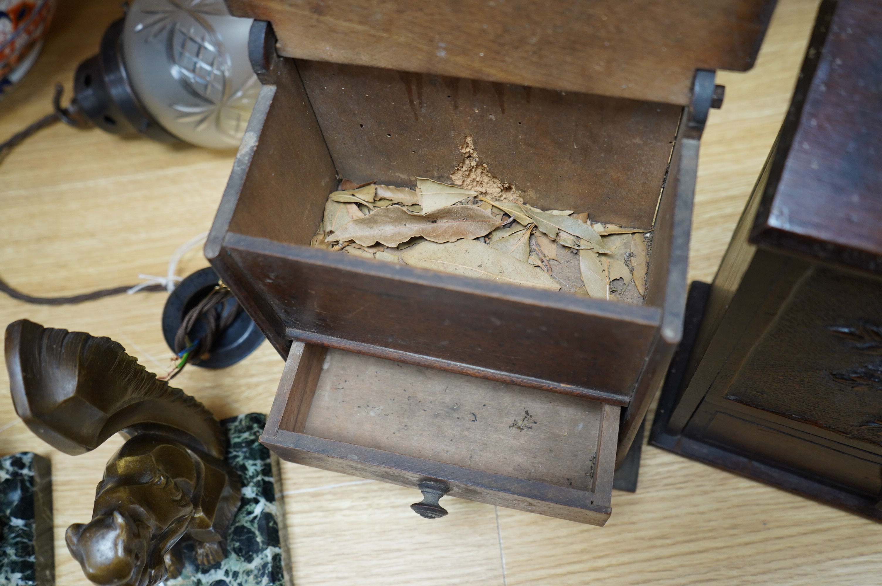 Two 19th century carved beech salt boxes, largest 40cm high. Condition - fair